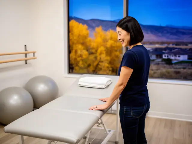 A woman with a sleek dark bob beside new equipment in a small physical-therapy clinic.