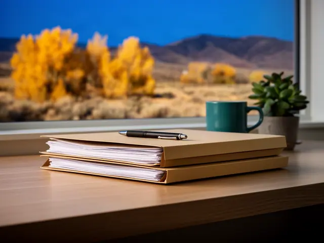 A neat stack of closed manila folders and a pen on a desk by a window.
