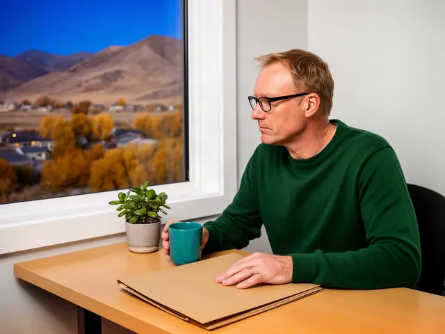 A man with short sandy hair and black-framed glasses at a desk with a folder and a mug in a small back office.