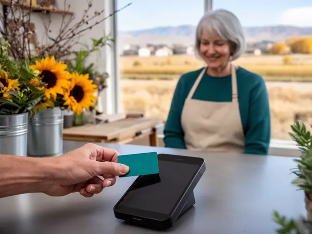 A customer taps a card on a counter terminal at a small florist shop.