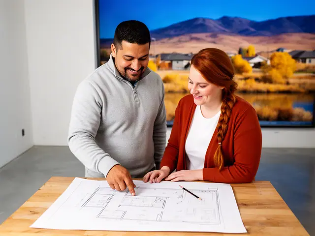 Two business partners looking over a pencil floor sketch in an empty storefront.